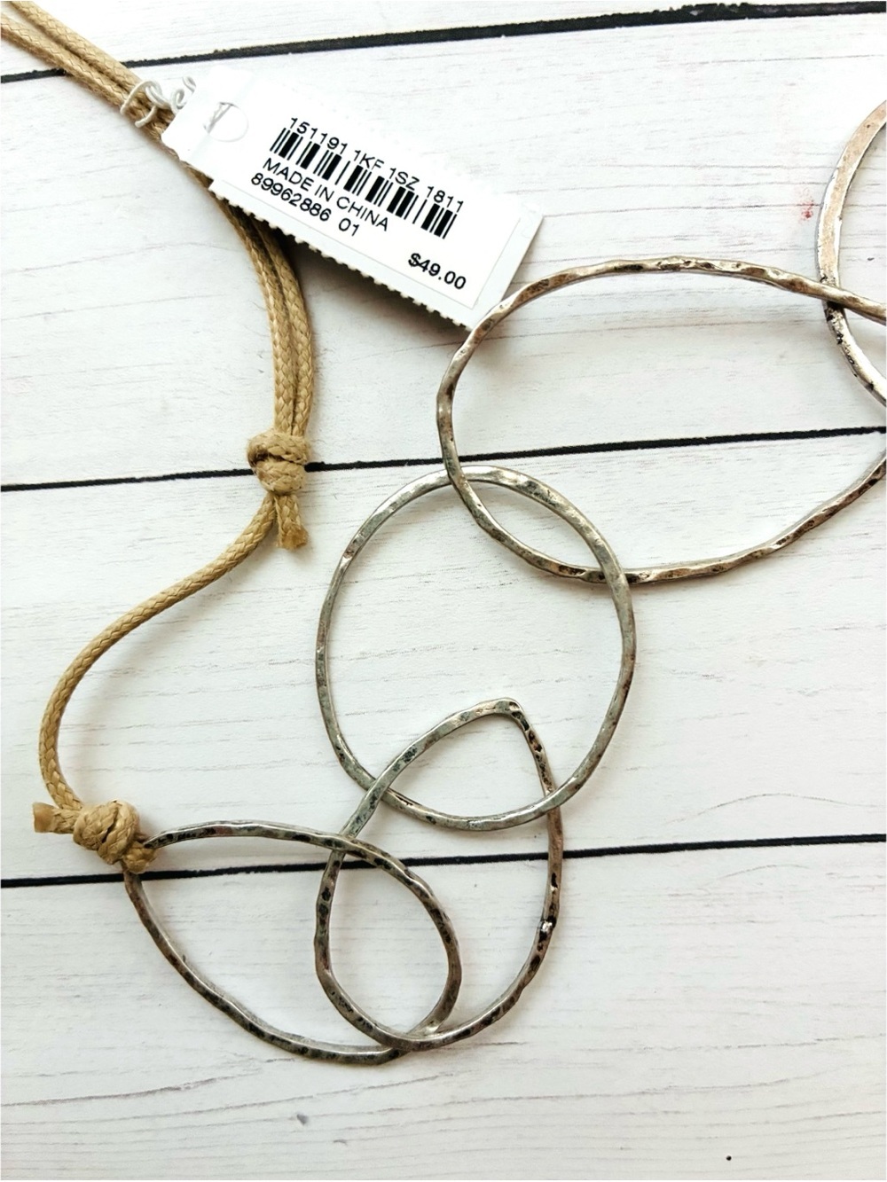 NEW NWT J. Jill Adjustable Beige Cord Necklace Rustic Metal Rings $49 Retail Tag - Picture 2 of 4